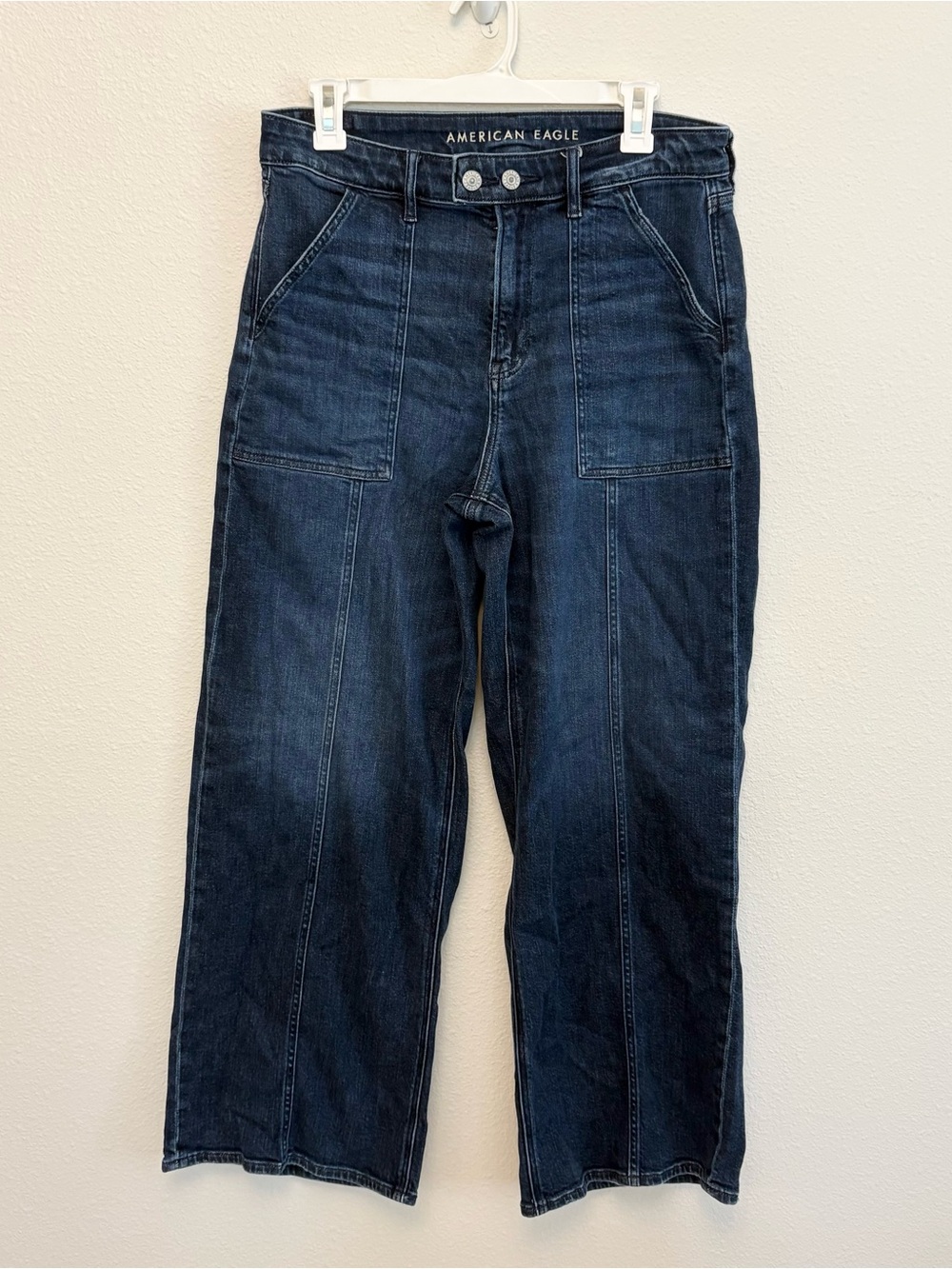 American Eagle Super High Rise Baggy Wide Leg Jeans Blue Denim Size 10S Pockets